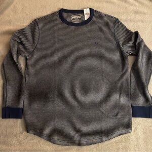 American Eagle Navy and Grey Striped Long Sleeve Waffle Thermal Crew NWT
